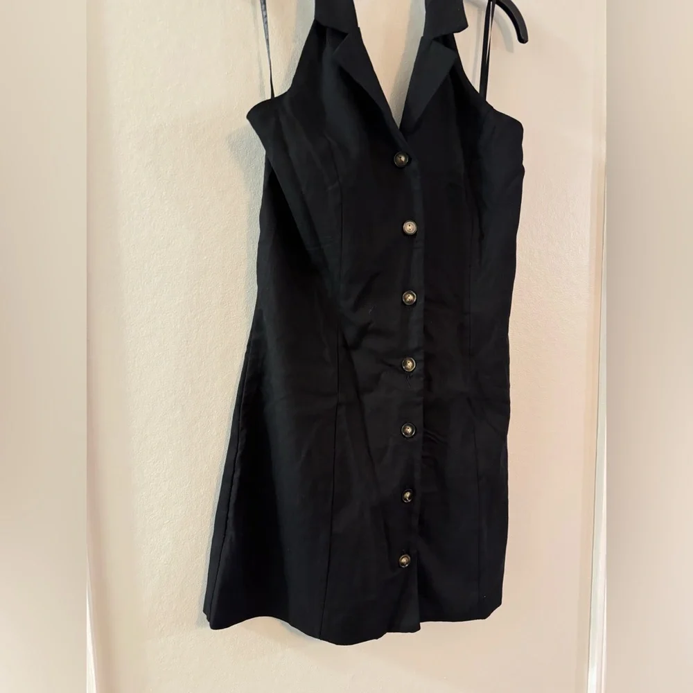 NWT Monteau Los Angeles Black Halter Button Linen Blend Dress - Medium